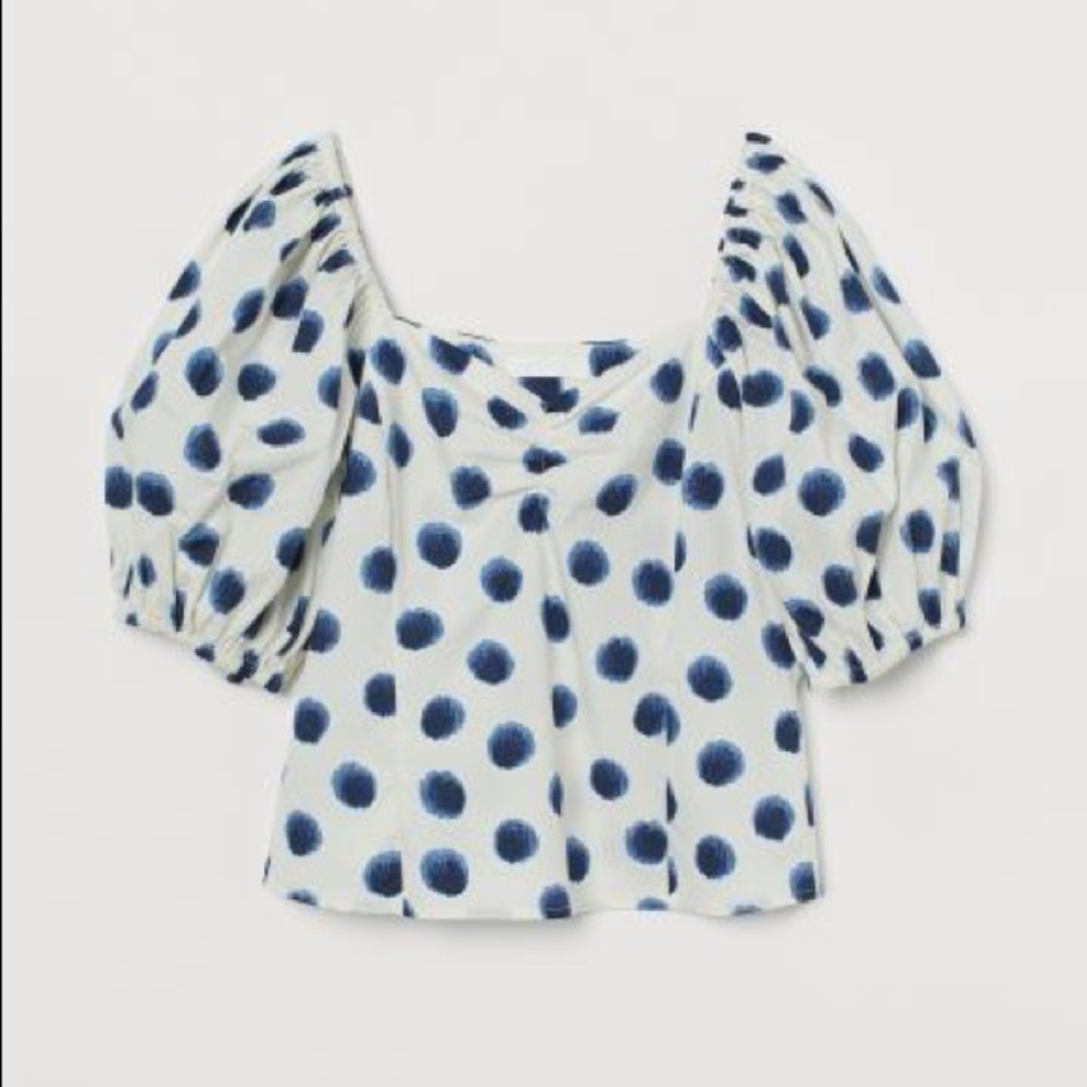 H&M puff sleeve blue and white polka dot top XS